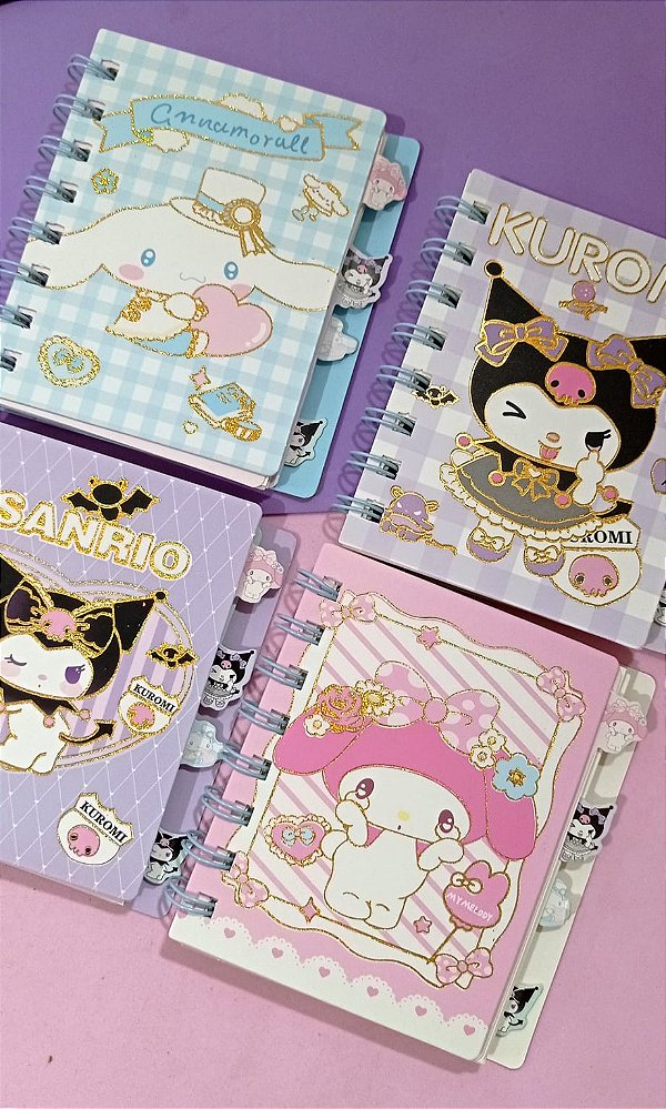 Kit 5 caderneta, bloco de notas Sanrio, Kuromi, Cinnamoroll, My Melody