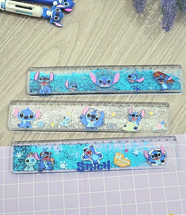 Régua Stitch com água e glitter brilho transparente, material escolar, papelaria, kawaii, 20cm