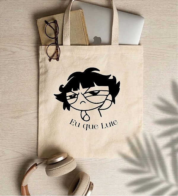 Sacola Ecobag "Eu que lute" - Docinho. 30x40cm, Algodão crú