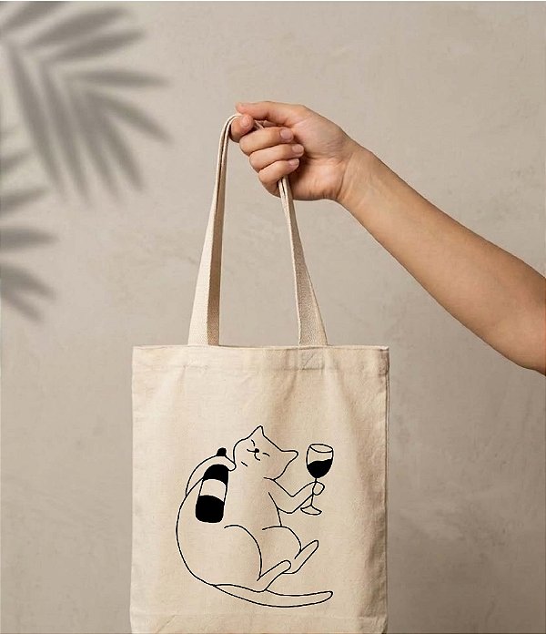 Sacola Ecobag gato + vinho. 30x40cm, Algodão crú