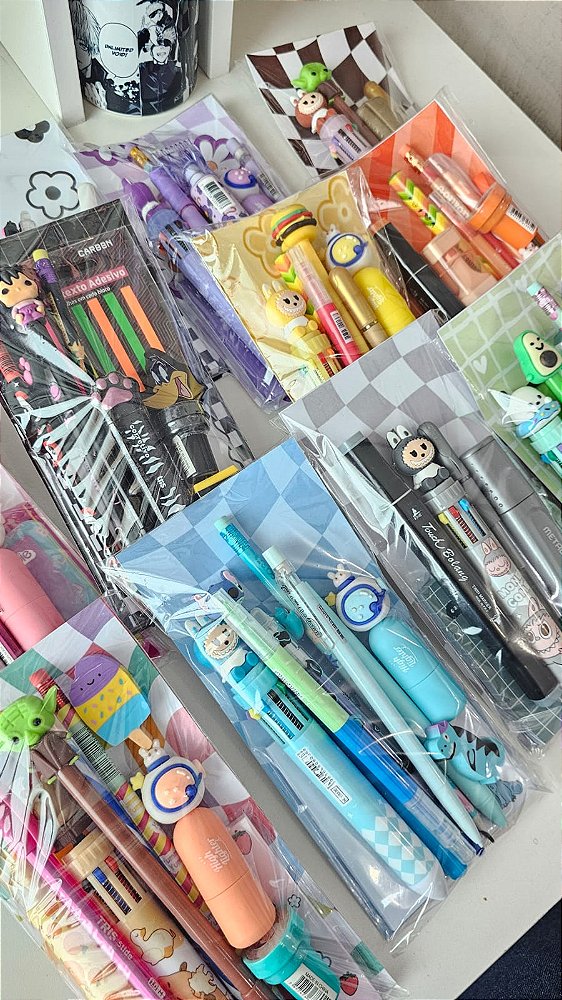 Kit Papelaria 5, 10 ou 15 itens colorido, Rosa, verde, azul, amarelo, laranja lilas, roxo