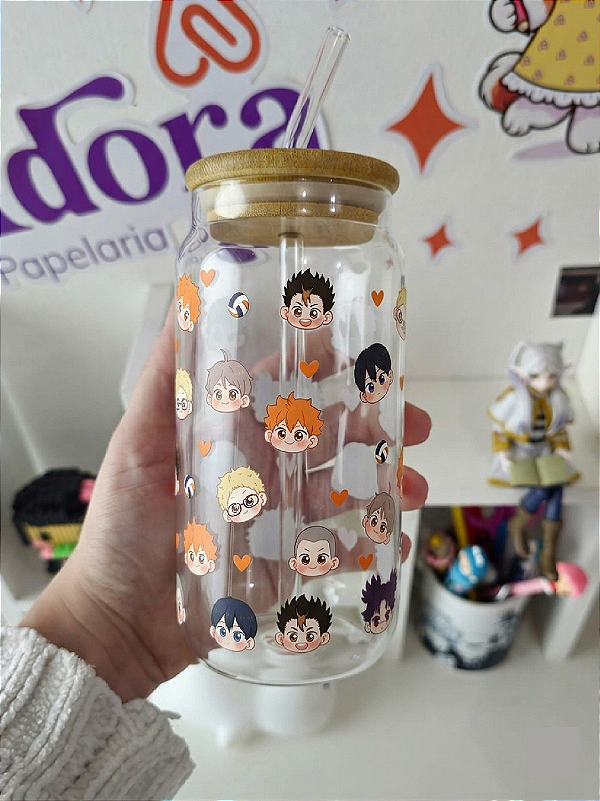 Copo De Vidro Haikyuu, Com Tampa De Bambu Hermético Com Canudo, estampado, anime