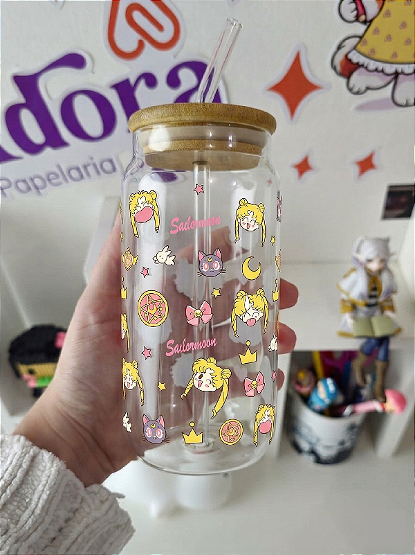Copo De Vidro Sailor Moon , Com Tampa De Bambu Hermético Com Canudo, estampado, anime