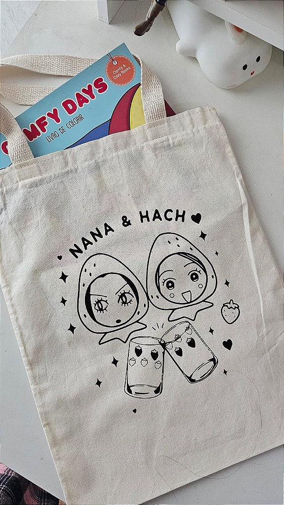 Sacola Ecobag "Nana e Hachi" - . 30x40cm, Algodão crú