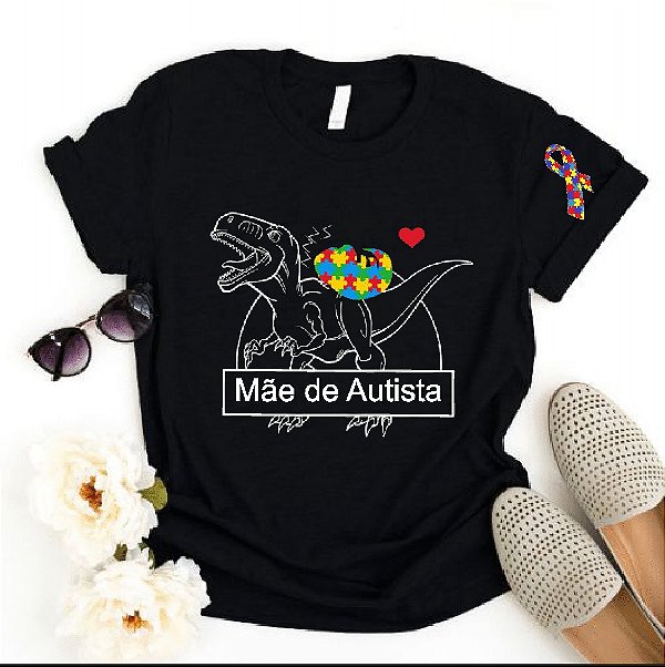 Camisa Autismo Preta Mãe Atípica Dinossauro