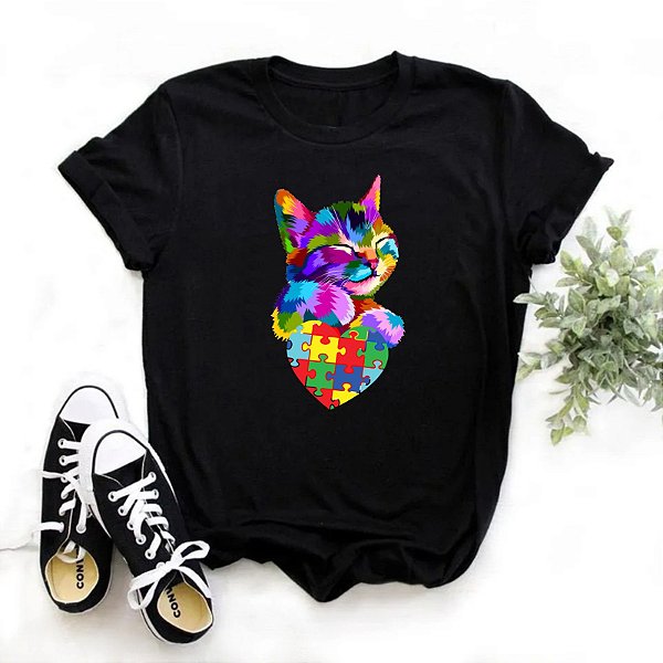 Camisa Preta Autismo Gatinho Gato Colorido