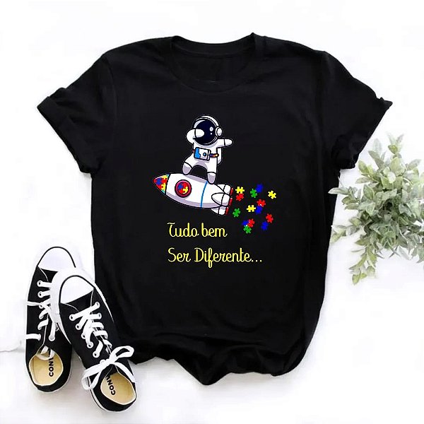 Camisa Preta Autismo Astronauta Foguete