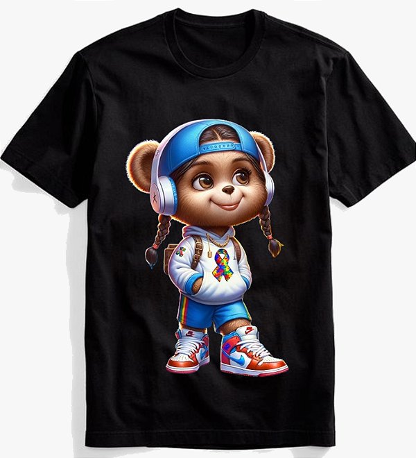 Camisa Autismo Preta Menina Urso 100% Algodão