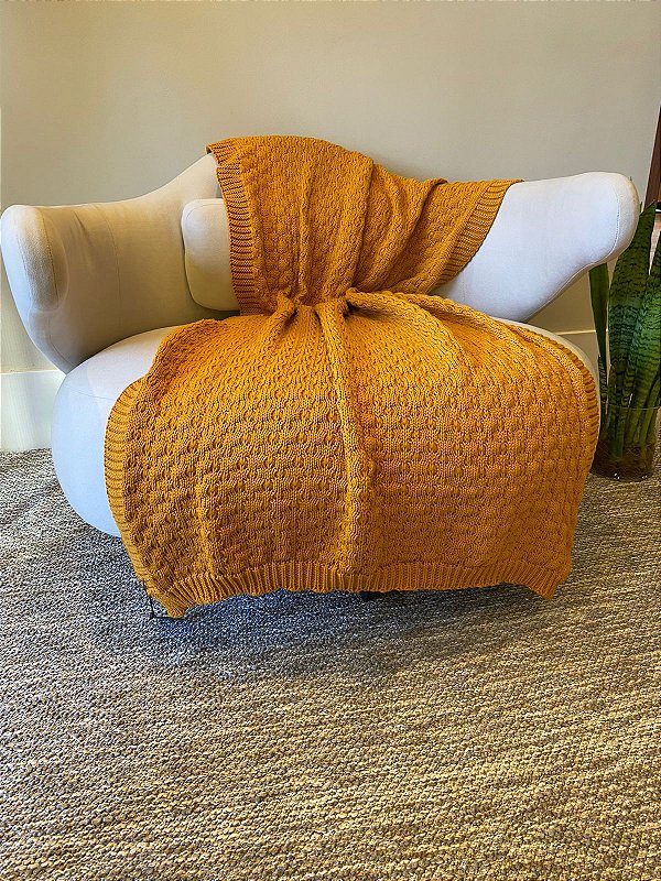 Manta de Tricot Trama Favo Mostarda 90x180cm para Sofá e Cama - 049-80