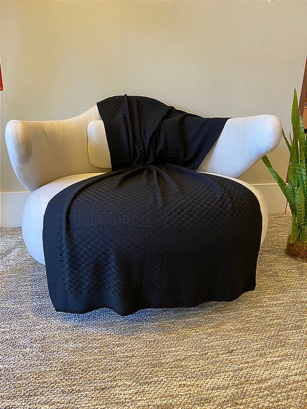 Manta de Tricot Quadriculada Preta 75x230cm para Sofá e Cama