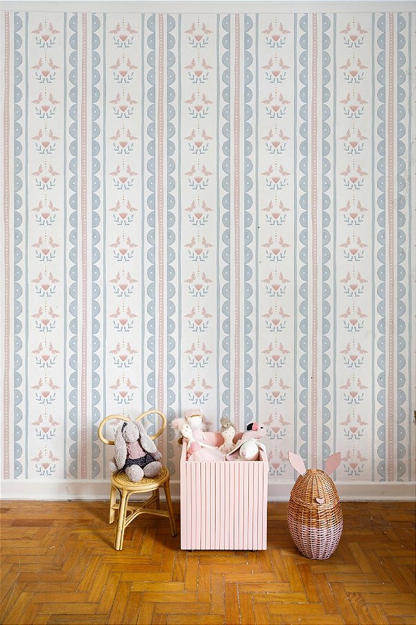 Papel De Parede Listras, Ondinhas, Flores e Borboletas