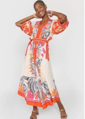 VESTIDO COLCCI MIDI BANANA - LARANJA /OFF-WHIT