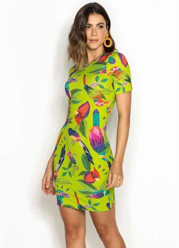 VESTIDO CURTO COLCCI DE MALHA CANELADA - ESTAMPADO VERDE