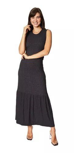 VESTIDO FORUM MIDI CANELADO COSTA RECORTE - PRETO