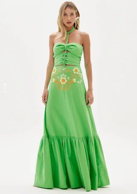 VESTIDO AMARANTE LONGO MAR BORDADO MARROM - VERDE