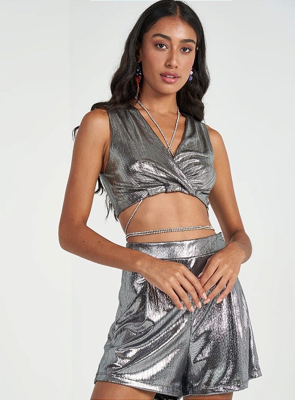 BLUSA COLCCI CROPPED METALIZADA SILVER