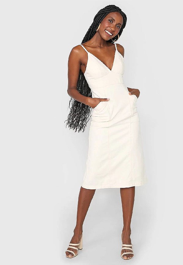 VESTIDO CANTÃO SARJA MIDI OFF-WHITE