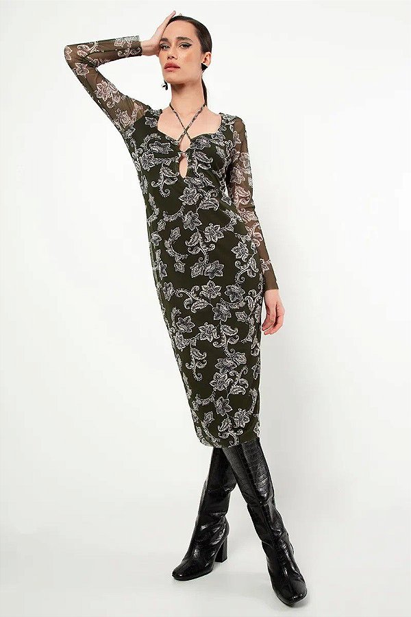 VESTIDO SLY WEAR MIDI MANGA LONGA TULE