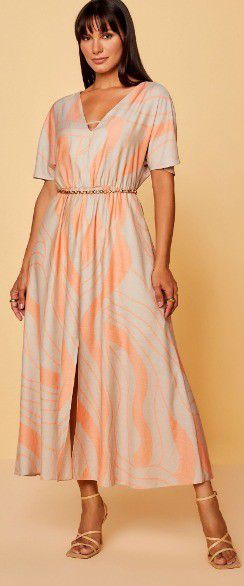 VESTIDO RAMO SELVAGEM LONGO - BEGE/ LARANJA