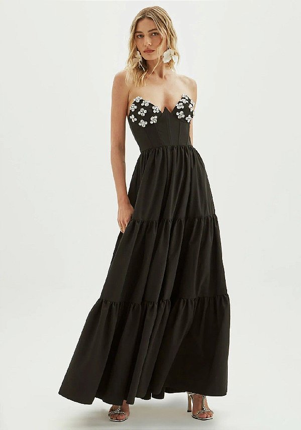 VESTIDO AMARANTE LONGO COM BORDADO - PRETO