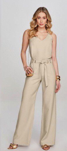 CALÇA RAMO SELVAGEM WIDE LEG COM ILHOS- BEGE