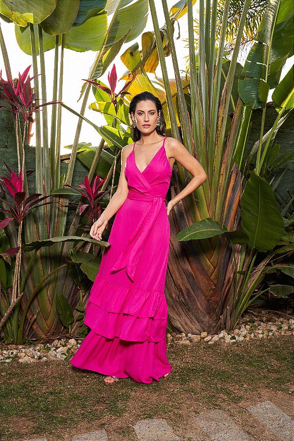 VESTIDO RAMO SELVAGEM LONGO DE CREPE COM BABADOS - PINK VIVO