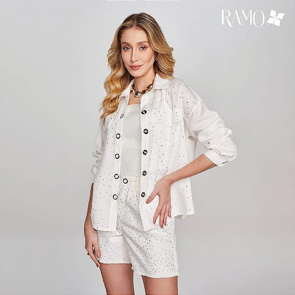 SHORT RAMO SELVAGEM JEANS COM STRASS - OFF WHITE