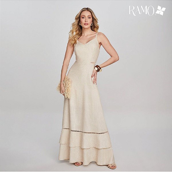 VESTIDO RAMO SELVAGEM LONGO DE LINHO COM ENTREMEIO- NATURAL