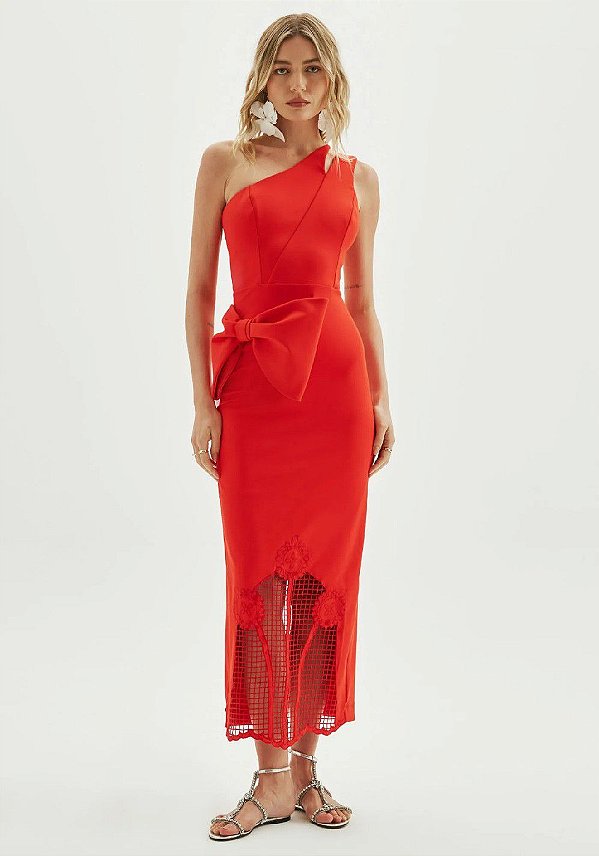 VESTIDO AMARANTE SUPER MIDI COM LACO- MELANCIA RED
