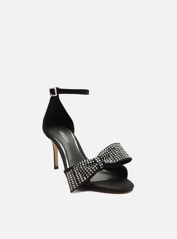 SANDALIA CETIM SALTO FINO LAÇO STRASS - PRETO