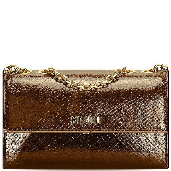 BOLSA SANTA LOLLA  FLAP BAG COM ALÇA DE CORRENTE METALIZADA PEQUENA - BRONZE