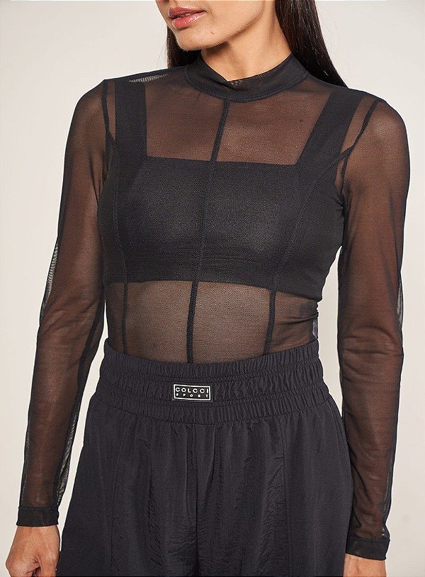 BLUSA COLCCI  SLIM MANGA LONGA TULE - PRETO