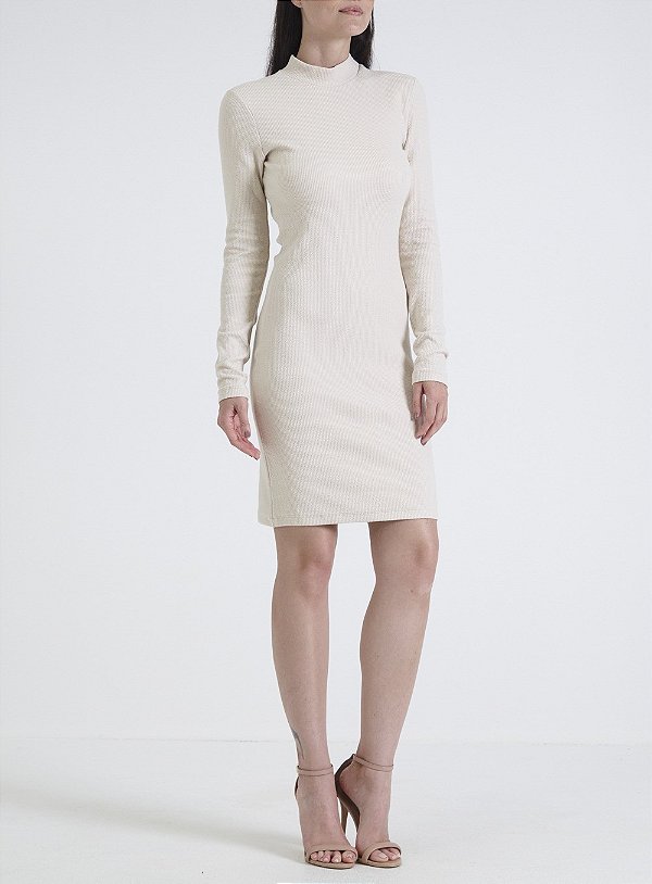 VESTIDO FORUM CANELADO MANGA LONGA -BEGE ITALIAN
