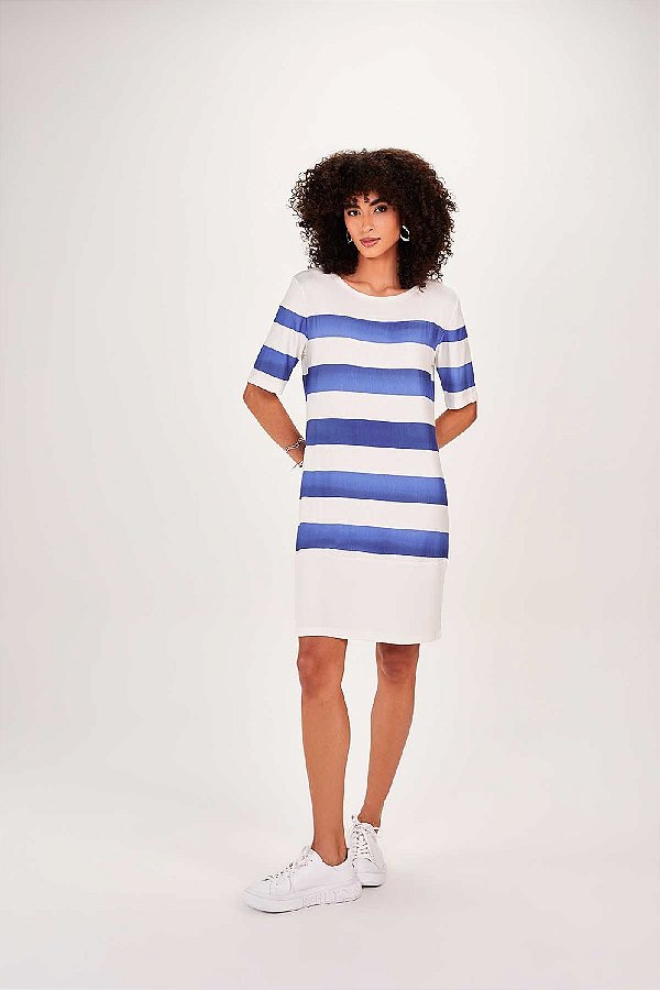 VESTIDO RAMO SELVAGEM MANGA CURTA ESTAMPADO- BRANCO AZUL
