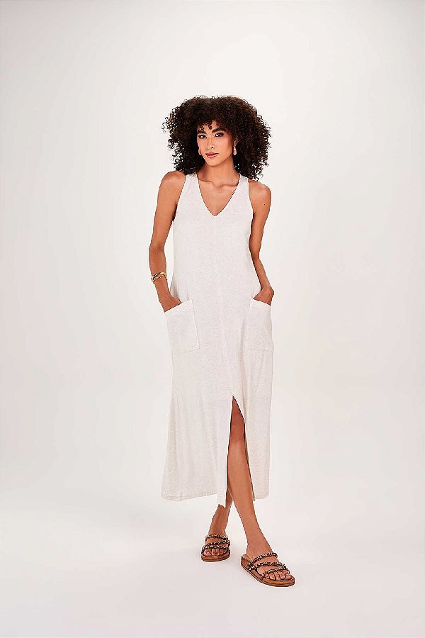 VESTIDO RAMO SELVAGEM REGATA COM BOLSAOS E ABERTURA FRETE- CRU