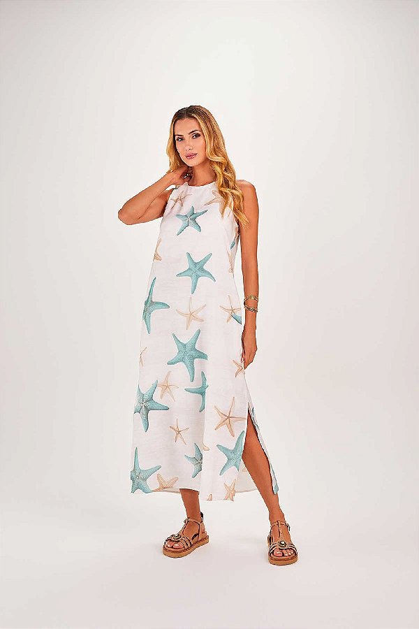 VESTIDO RAMO SELVAGEM MIDI ESTAMPADO -TURQUESA