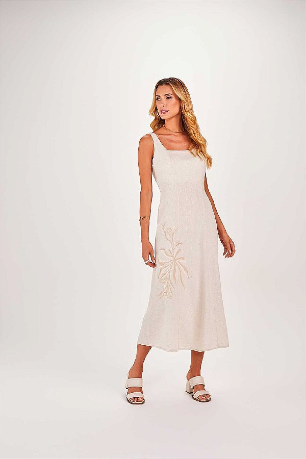 VESTIDO RAMO SELVAGEM ALÇA COM BORDADO -CRU