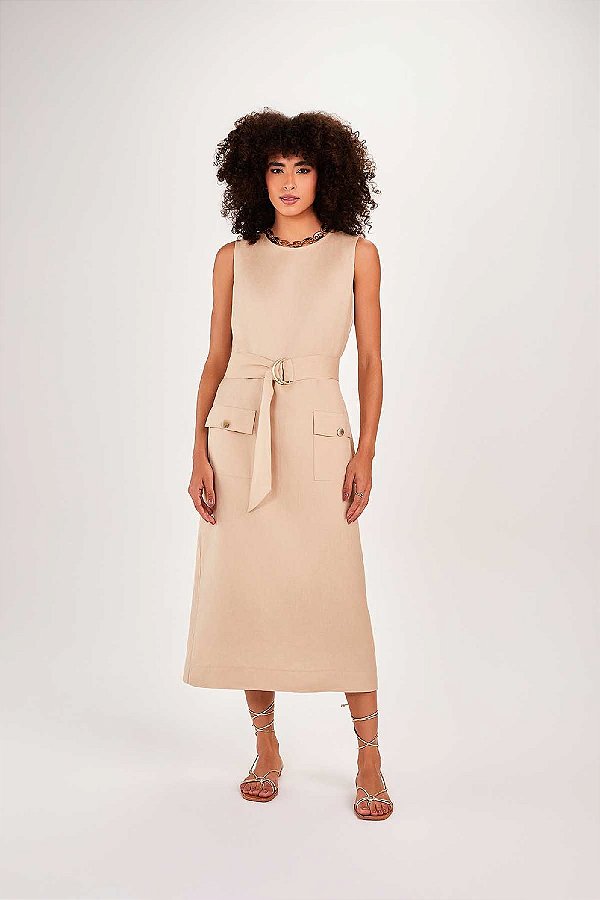 VESTIDO RAMO SELVAGEM COM CINTO FAIXA E BOTOES-BEGE