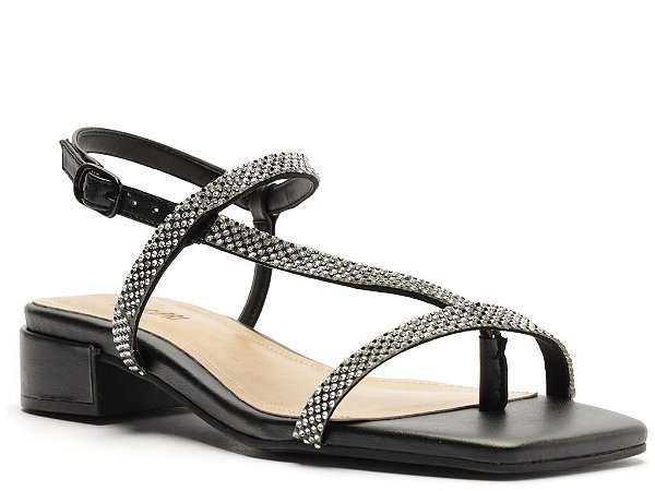 SANDALIA ANA CAPRI ASSIMETRICA SALTO BLOCO GLAM PRETA PRETO
