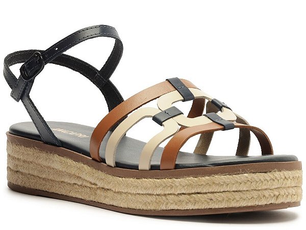 SANDALIA ANA CAPRI PLATAFORMA CORDA RECORTES COURO TRICOLOR AZUL AZUL