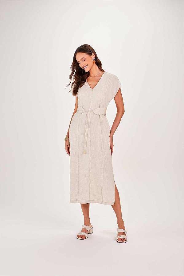 VESTIDO RAMO SELVAGEM MIDI COM CINTO FAIXA CRU