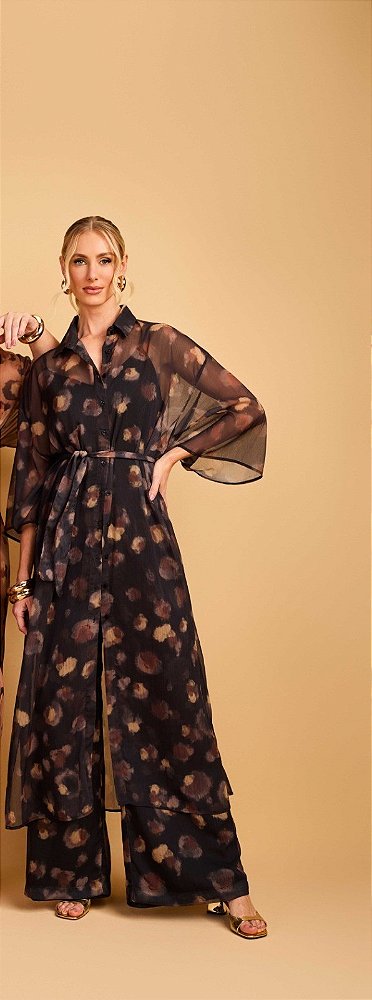 CHEMISE RAMO SELVAGEM AMPLA ESTAMPADA COM COMBINACAO E FAIXA PRETO