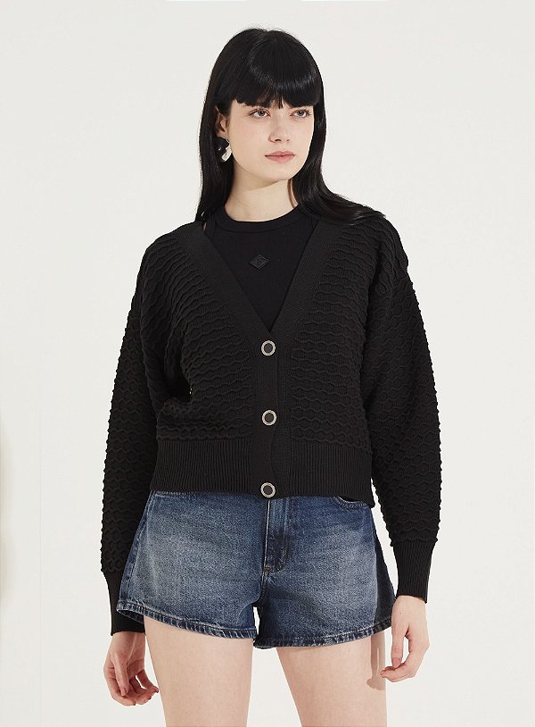 CARDIGAN TRICO FORUM PRETO