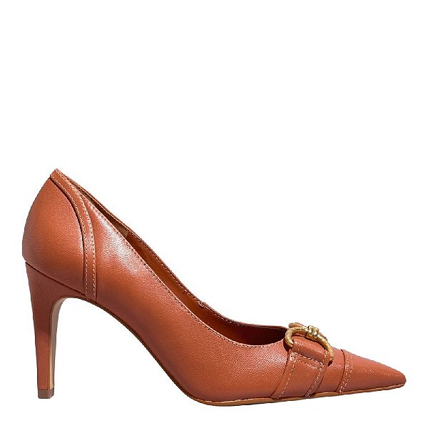 SCARPIN COURO PELICA MARROM BICO FINO BRIDÃO