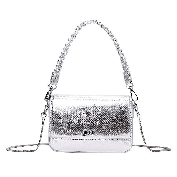 BOLSA BAGUETE SANTA LOLLA METALIZADO SNAKE ALÇA TRANÇA PRATA