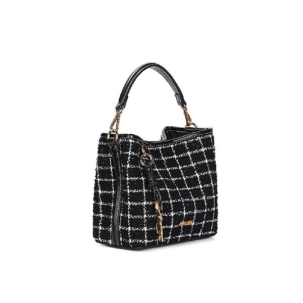 BOLSA SANTA LOLLA BUCKET TRAMADO LISTRADA PRETA ALÇA DUPLA