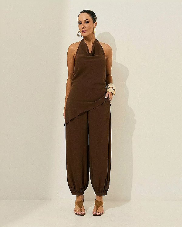 CALCA CHIFFON KARMANI ESTILO ALADIM MARROM