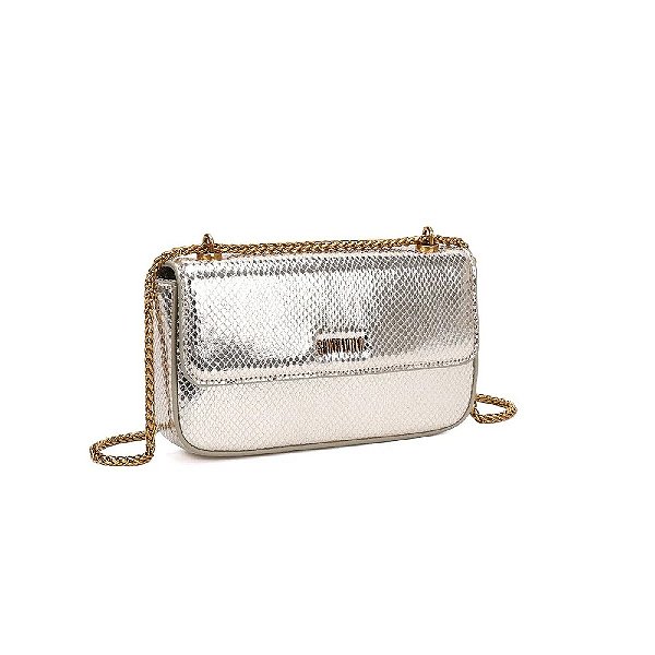 BOLSA SANTA LOLLA METALIZADA DOURADA ALÇA TRANSVERSAL CORRENTE