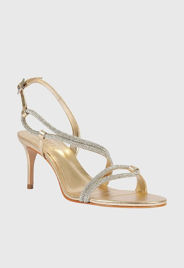 SANDÁLIA SCHUTZ COM STRASS SALTO MÉDIO DOURADA