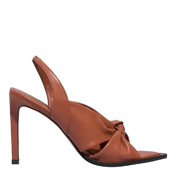 SANDÁLIA PEEP TOE COURO PELICA SANTA LOLLA  SAFARI SALTO ALTO BICO FOLHA